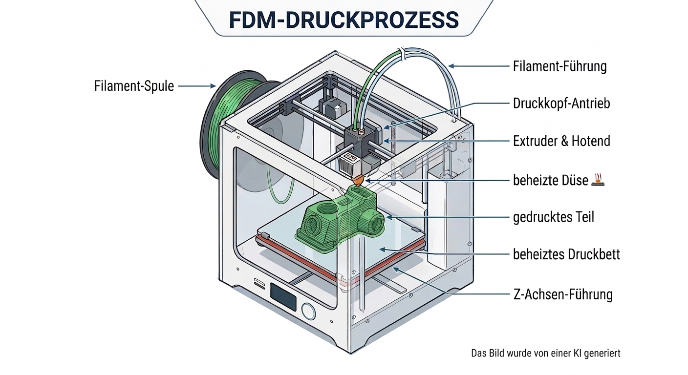 Schema des FDM 3D-Druck Prozesses – Schichtaufbau erklärt